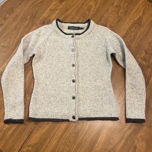 Irelands Eye Wool Cashmere Cardigan Sweater Oatmeal Fleck Gray Trim Womens Med